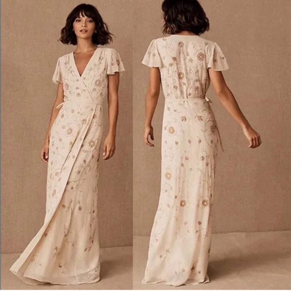 BHLDN Anthropologie Plymouth wrap dress in tan. Size 10